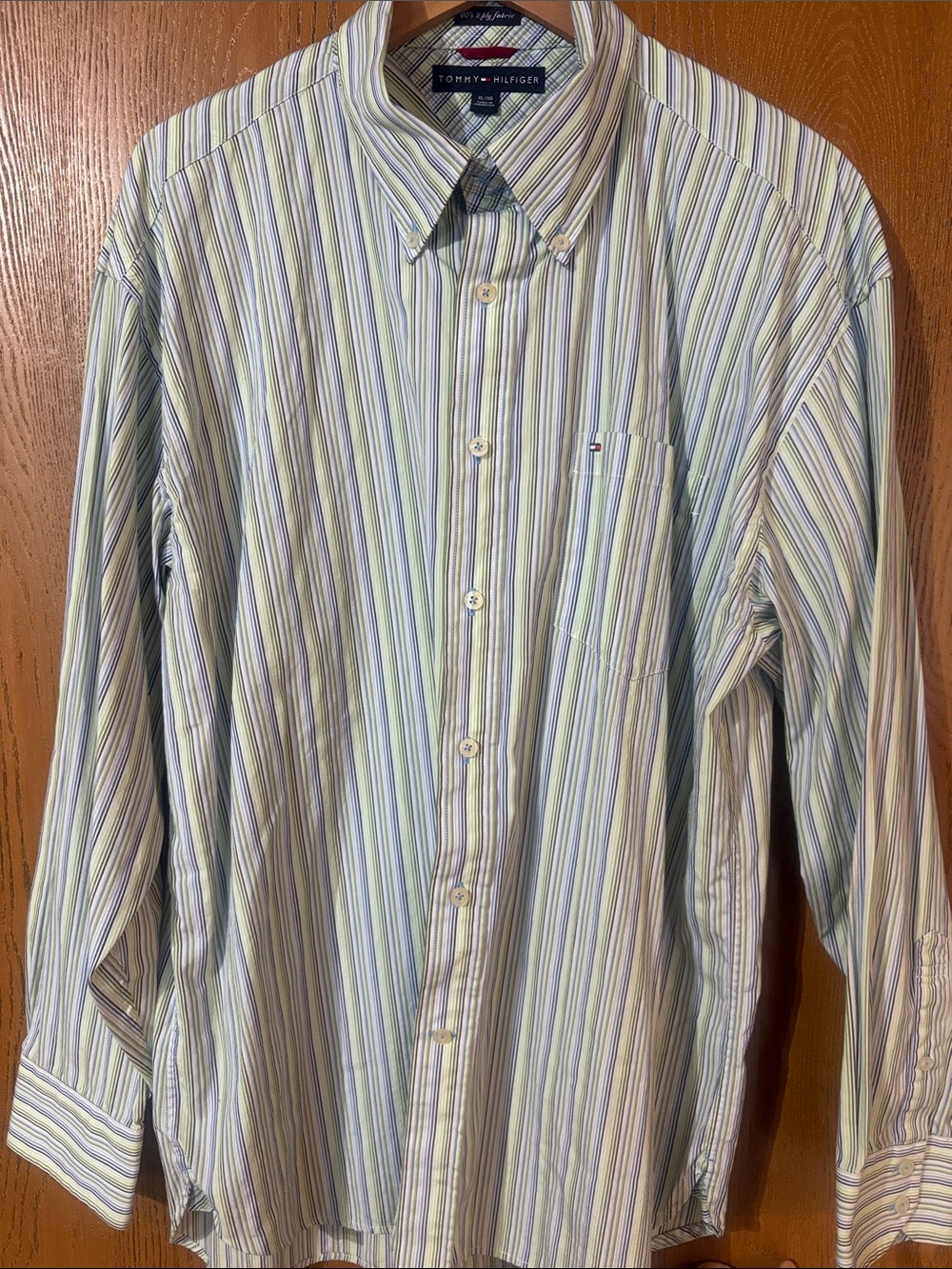 Tommy Hilfiger Men’s Button-Down Shirt in White with Blue & Green Stripes